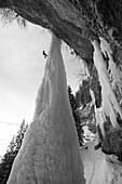 Low angle view of ice climbing the Fang in Vail, Colorado