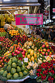 Spain, Catalonia, Barcelona, Boqueria Market, mediterranean and tropical fruits.