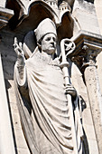 France, Paris. 4th arrondissement. Ile de la Cite. Sculpture on the facade (west) of Notre Dame Cathedral.