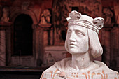 France, Seine et Marne. Coulommiers. Heritage Days. Parc des Capucins.Notre Dame church and the Municipal Museum. Sculpture of Saint Louis. The Cave of shells in the background.