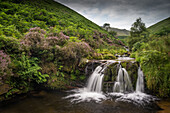 Wasser, das über Felsen auf Moorlandlebensraum, Fairbrook, Höchstbezirks-Nationalpark, Derbyshire, England, Vereinigtes Königreich, Europa kaskadiert