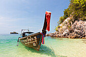 Longtail boat and limestone cliffs, Koh Pakbia, Koh Hong Islands, Ao Nang, Krabi, Thailand, Southeast Asia, Asia