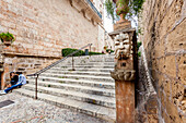 Stairs leading up to the Palma Cathedral, la Seu. On left Palau March, right Almudaina Castle, Palma Old town, Palma de Mallorca, Majorca, Balearic Islands, Mediterranean Sea, Spain, Europe