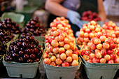 Photograph of fresh cherries at fruit stand with focus on foreground, Vancouver, British Columbia, Canada
