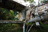 Russisches Antonov-Flugzeug, das im peruanischen Dschungel verfällt. Biologische Forschungsstation Villa Carmen, Peru.