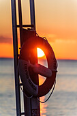 Rettungsring im Sonnenuntergang am Jachthafen, Saniertes Hafenareal, Malmö, Südschweden, Schweden