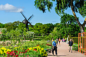 Windmill in the King's Park Kungsparken with flowers and woman with wheelbarrow, Malmo, Southern Sweden, Sweden