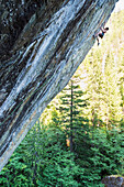 Caucasian boy climbing rock