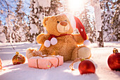 Teddy bear with Christmas gifts and ornaments in snow