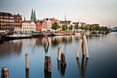 UNESCO World Heritage Hanseatic Town Luebeck, view across the river Trave towards the historic town, Luebeck, Schleswig-Holstein, Germany