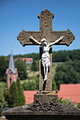 Crucific stone in graveyard, Weibersbrunn, Spessart-Mainland, Franconia, Bavaria, Germany