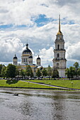 Rybinsk churches seen from river cruise ship Excellence Katharina of Reisebüro Mittelthurgau (formerly MS General Lavrinenkov) on Volga river, Rybinsk, Russia
