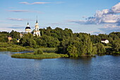 Churches and shoreline seen from river cruise ship Excellence Katharina of Reisebüro Mittelthurgau (formerly MS General Lavrinenkov), Volga river, Russia