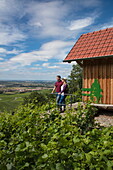 Junges Paar genießt Aussicht auf Reben am Weinberg Iphöfer Julius-Echter-Berg, Iphofen, Fränkisches Weinland, Franken, Bayern, Deutschland, Europa
