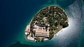 Aerial of Monastery of Saint Mary on the islet in the Big Lake (Veliko Jezero) in Mljet National Park, Mljet, Dubrovnik-Neretva, Croatia