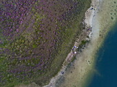 Luftaufnahme von Menschen am Ufer vom Versener Heidesee, nahe Meppen, Emsland, Niedersachsen, Deutschland, Europa