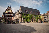 UNESCO World Heritage framework town Quedlinburg, market square and town hall at historic town center, Saxony-Anhalt, Germany