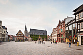 UNESCO World Heritage framework town Quedlinburg, market square and town hall at historic town center, Saxony-Anhalt, Germany