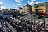 Karl Johanns the 14th monument and square with open air Bar Cafe, Stockholm, Sweden