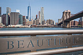 view of the financial district and one world trade center from the brooklyn bridge park, brooklyn bridge, brooklyn, new york city, state of new york, united states, usa