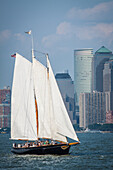 the shearwater sailboat taking tourists on a boat ride in the new york harbor, state of new york, united states, usa