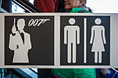 sign for the restrooms in the restaurant at the summit of the schiltorn, the place where the film on her majesty's secret service was shot, schiltorn, piz gloria, bernese alps, canton of berne, switzerland