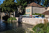 the blue sightseeing train in the lower town on the banks of the eure, rue de la tannerie, chartres (28), france