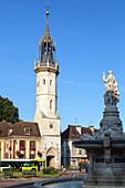 the town hall fountain and belfry of the 15th century clock tower, place du general de gaulle, evreux (27), france