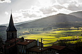 mount mouchet, the spot where jean chastel killed the man-eater of gevaudan on june 19, 1767, view of his village la besseyre saint mary (43), haute loire, auvergne rhone alpes region, france