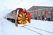 Turbine of snowplow of Bernina Express train, station of Ospizio Bernina, Poschiavo, Engadine, Canton of Graubunden, Switzerland, Europe