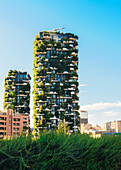 Bosco Verticale (Vertical Forest) low view. Designed by Stefano Boeri, sustainable architecture in Milan, Lombardy, Italy, Europe