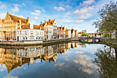 Houses reflected at Spiegelrei corner, Bruges, West Flanders province, Flemish region, Belgium, Europe