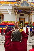 Prayers at the Memorial Stupa of Bhutan's capital city of Thimphu, Bhutan, Asia
