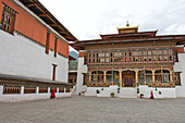 The Tashi Chho Fortress and Buddhist monks, Thimphu, Bhutan, Asia