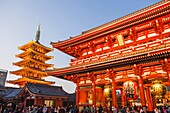 Japan, Honshu, Tokyo, Asakusa, Sensoji Temple aka Asakusa Kannon Temple, Pagoda and Temple Gate
