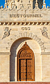 France, Gironde, Medoc, door made of wood from Zanzibar, Chateau Cos d'Estournel's wine warehouse, AOC St Estephe
