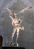Normandy, the Mont Saint Michel Abbey, plaster replica of the St Michel archangel statue fighting the dragon (UNESCO World Heritage) (on the way to Santiago de Compostela)