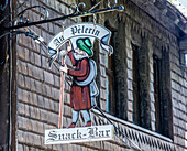 Normandy, Mont Saint Michel, snack bar sign (UNESCO World Heritage) (on the way to Santiago de Compostela)