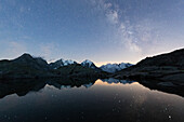 Milky Way on Piz Bernina, Fuorcla Surlej, Corvatsch, Engadine, Canton of Graubunden, Swiss Alps, Switzerland, Europe