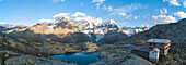 Panoramic of Bernina massif and Roseg Valley from Fuorcla Surlej, Engadine, Canton of Graubunden, Swiss Alps, Switzerland, Europe
