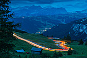 Traffic trail lights on Sella Pass, Province of Bolzano, South Tyrol, Italian Dolomites, Italy, Europe