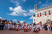 Band in Signoria Square (Piazza Grande) during Ceri Festival, Gubbio, Umbria, Italy, Europe