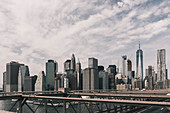Manhattan skyline seen from Brooklyn Bridge, New York City, New York, USA