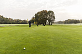 Golf player putting on the green, golf course near Hamburg, north Germany, Germany