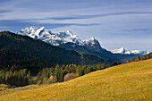 View to Zugspitz range with Alpspitze, Waxenstein and Zugspitze, Werdenfelser Land, Bavaria, Germany