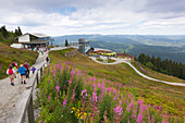 Hiker at the path to the upper station of the Arber cable car, Arberschutzhaus and Eisensteiner Huette, Grosser Arber, Bavarian Forest, Bavaria, Germany