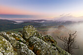 Morning mist, Bruchhauser Steine, near Olsberg, Rothaarsteig hiking trail, Rothaar mountains, Sauerland, North Rhine-Westphalia, Germany