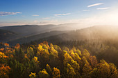 Morning mist, Bruchhauser Steine, near Olsberg, Rothaarsteig hiking trail, Rothaar mountains, Sauerland, North Rhine-Westphalia, Germany