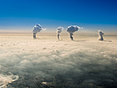 Wasserdampf aus den  Kühltürmen der Kraftwerke bei Grevenbroich in der Nähe von Düsseldorf durchstossen den Nebel am Morgen, Nordrhein-Westfalen, Deutschland