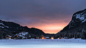Germany, Bavaria, Alps, Oberallgaeu, Oberstdorf, Stillachtal, winter landscape at night, winter holidays, hiking, snow, mountains, mountain farm